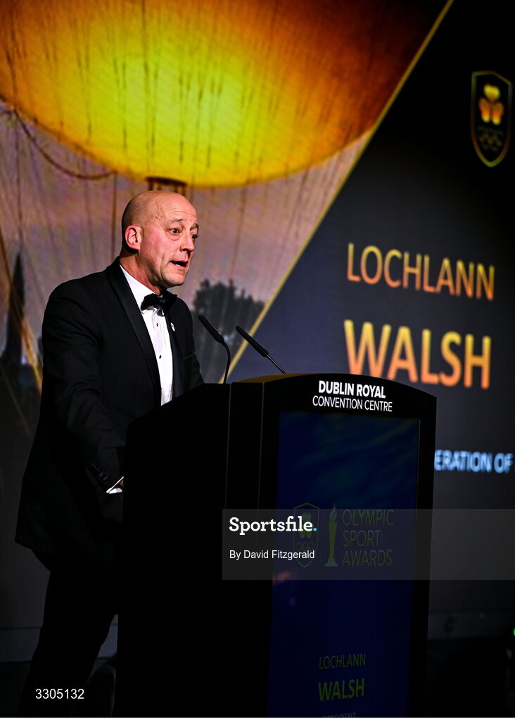 6 December 2025; Olympic Federation of Ireland President, Lochlann Walsh addresses the audience during the Team Ireland Olympic Sport Awards 2025 at The Royal Convention Centre in Dublin. Photo by David Fitzgerald/Sportsfile