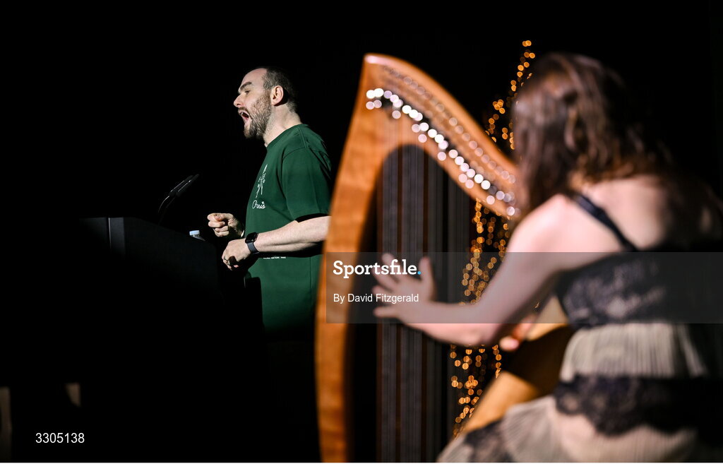 6 December 2025; Poet Stephen Jame Smith performs during the Team Ireland Olympic Sport Awards 2025 at The Royal Convention Centre in Dublin. Photo by David Fitzgerald/Sportsfile