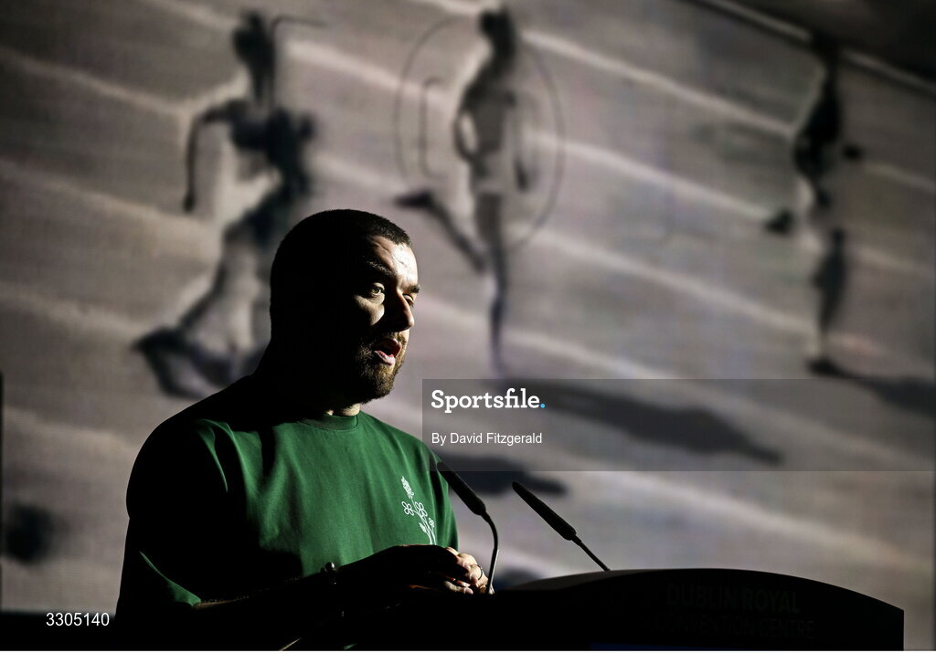 6 December 2025; Poet Stephen Jame Smith performs during the Team Ireland Olympic Sport Awards 2025 at The Royal Convention Centre in Dublin. Photo by David Fitzgerald/Sportsfile