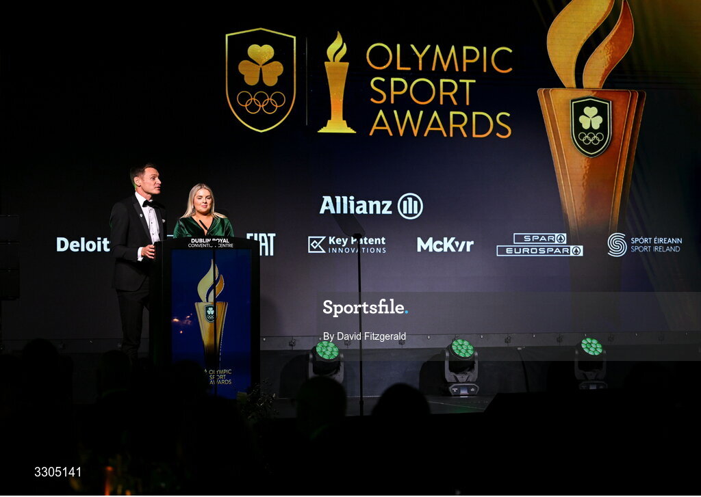 6 December 2025; MCs David Gillick and Valerie Wheeler addresses the audience during the Team Ireland Olympic Sport Awards 2025 at The Royal Convention Centre in Dublin. Photo by David Fitzgerald/Sportsfile