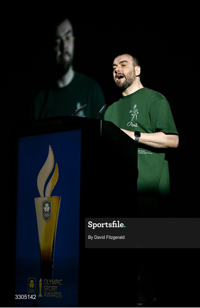 6 December 2025; Poet Stephen Jame Smith performs during the Team Ireland Olympic Sport Awards 2025 at The Royal Convention Centre in Dublin. Photo by David Fitzgerald/Sportsfile
