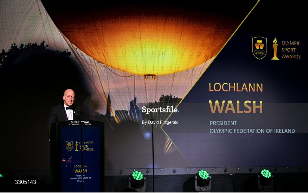 6 December 2025; Olympic Federation of Ireland President, Lochlann Walsh addresses the audience during the Team Ireland Olympic Sport Awards 2025 at The Royal Convention Centre in Dublin. Photo by David Fitzgerald/Sportsfile