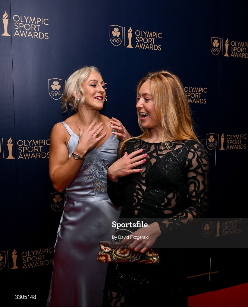 6 December 2025; World Champion in Cycling and nominee for Female Athlete of the Year, sponsored by Allianz, Lara Gillespie, right and Olympian Sarah Lavin during the Team Ireland Olympic Sport Awards 2025 at The Royal Convention Centre in Dublin. Photo by David Fitzgerald/Sportsfile