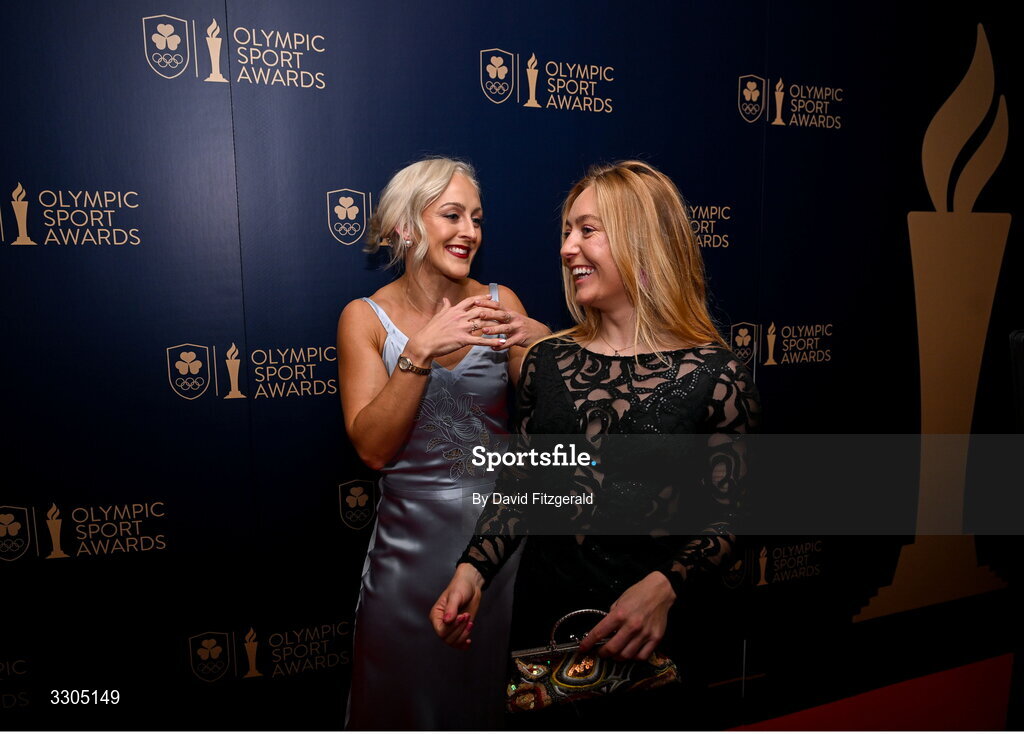 6 December 2025; World Champion in Cycling and nominee for Female Athlete of the Year, sponsored by Allianz, Lara Gillespie, right, and Olympian Sarah Lavin during the Team Ireland Olympic Sport Awards 2025 at The Royal Convention Centre in Dublin. Photo by David Fitzgerald/Sportsfile