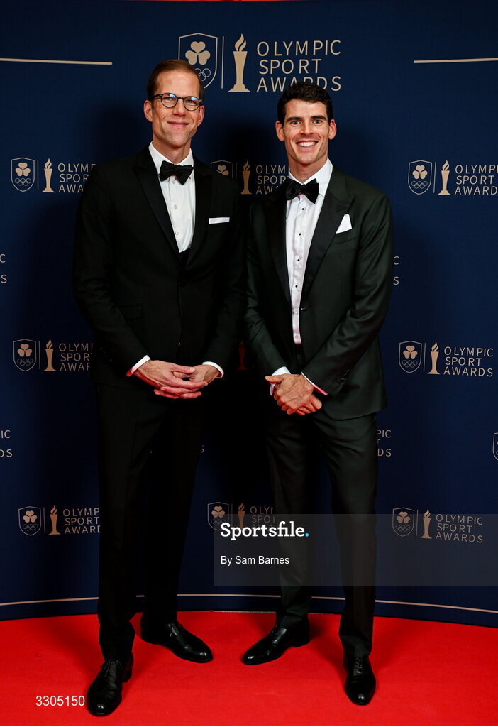 6 December 2025; Chief Executive of Allianz Ireland, Phillip Gronemeyer, and World Bronze Medallist in Rowing and nominee for Team of the Year, sponsored by Flogas, Philip Doyle, during the Team Ireland Olympic Sport Awards 2025 at The Royal Convention Centre in Dublin. Photo by Sam Barnes/Sportsfile