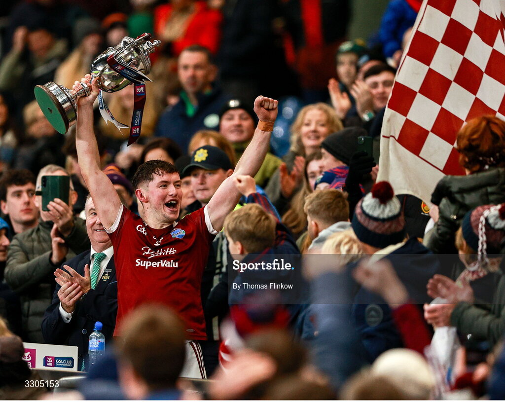 6 December 2025; St Martin's captain Conor Firman lifts the O'Neill Cup after his side's victory in the AIB Leinster GAA Hurling Senior Club Championship final match between St Martin's of Wexford and Shamrocks Ballyhale of Kilkenny at Croke Park in Dublin. Photo by Thomas Flinkow/Sportsfile