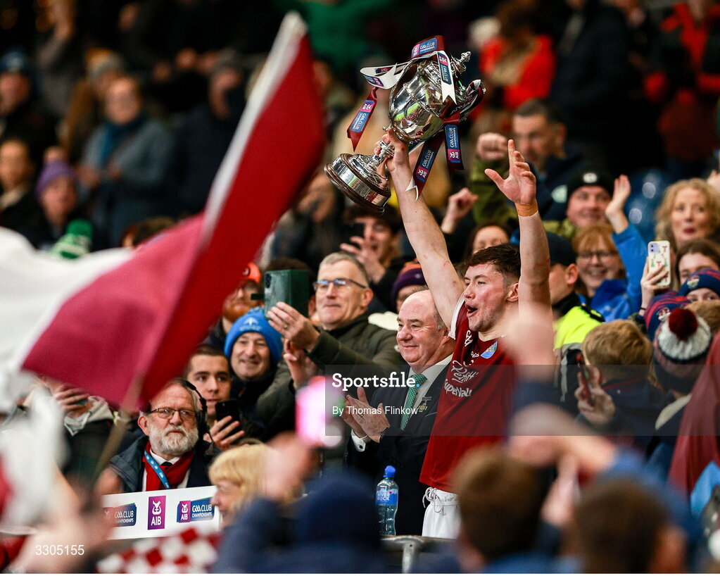 6 December 2025; St Martin's captain Conor Firman lifts the O'Neill Cup after his side's victory in the AIB Leinster GAA Hurling Senior Club Championship final match between St Martin's of Wexford and Shamrocks Ballyhale of Kilkenny at Croke Park in Dublin. Photo by Thomas Flinkow/Sportsfile