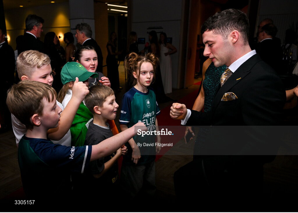 6 December 2025; Olympic Champion in Gymnastics and nominee for Creator of the Year, sponsored by McKeever Sports and Community Impact Award, sponsored by SPAR/EUROSPAR , Rhys McClenaghan, right, meets members of Kabin crew during the Team Ireland Olympic Sport Awards 2025 at The Royal Convention Centre in Dublin. Photo by David Fitzgerald/Sportsfile