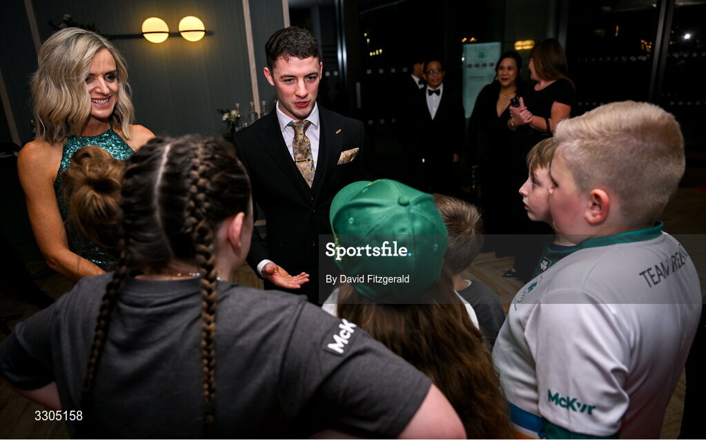 6 December 2025; Olympic Champion in Gymnastics and nominee for Creator of the Year, sponsored by McKeever Sports and Community Impact Award, sponsored by SPAR/EUROSPAR , Rhys McClenaghan, right, meets members of Kabin crew during the Team Ireland Olympic Sport Awards 2025 at The Royal Convention Centre in Dublin. Photo by David Fitzgerald/Sportsfile