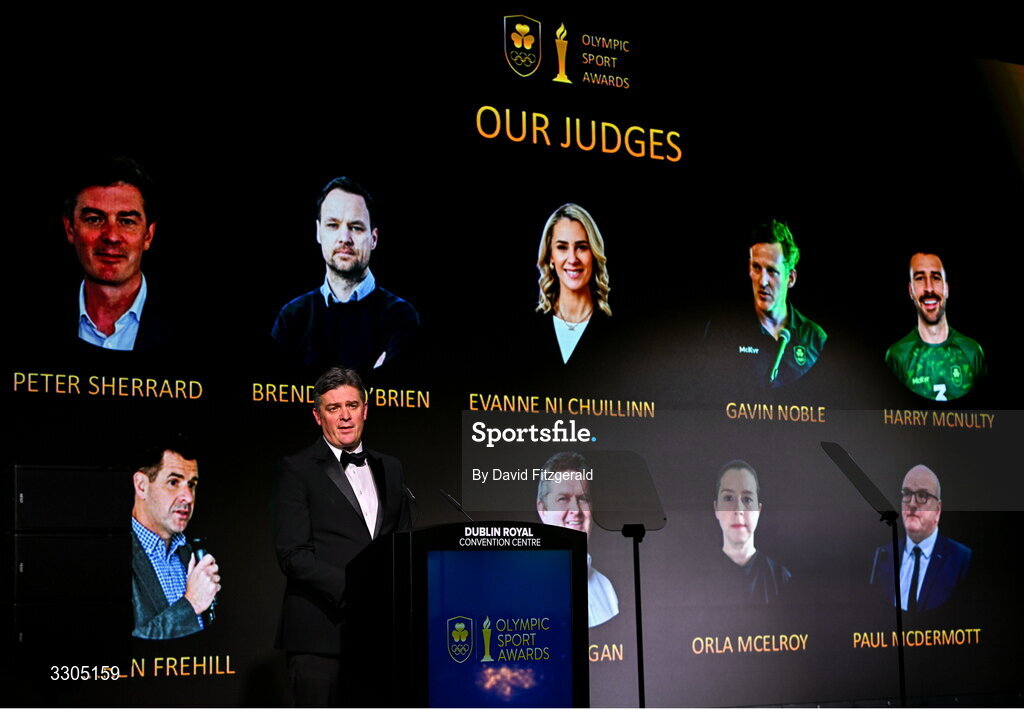 6 December 2025; CEO of Olympic Federation of Ireland, Peter Sherrard, addresses the audience during the Team Ireland Olympic Sport Awards 2025 at The Royal Convention Centre in Dublin. Photo by David Fitzgerald/Sportsfile