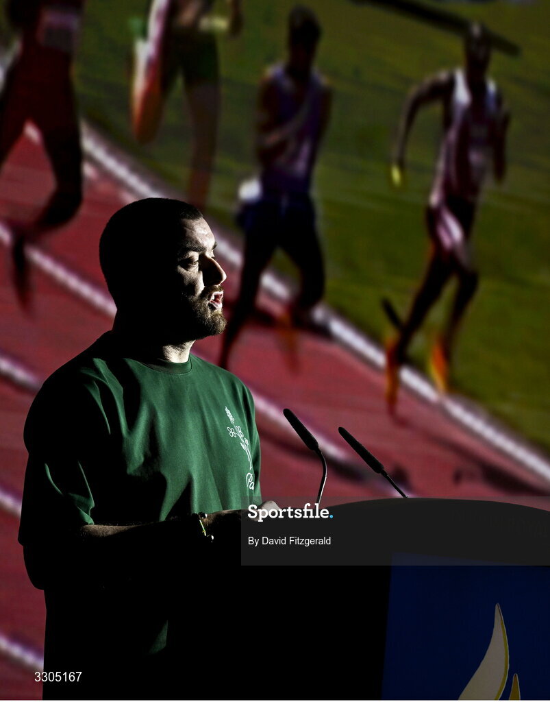 6 December 2025; Poet Stephen Jame Smith performs during the Team Ireland Olympic Sport Awards 2025 at The Royal Convention Centre in Dublin. Photo by David Fitzgerald/Sportsfile