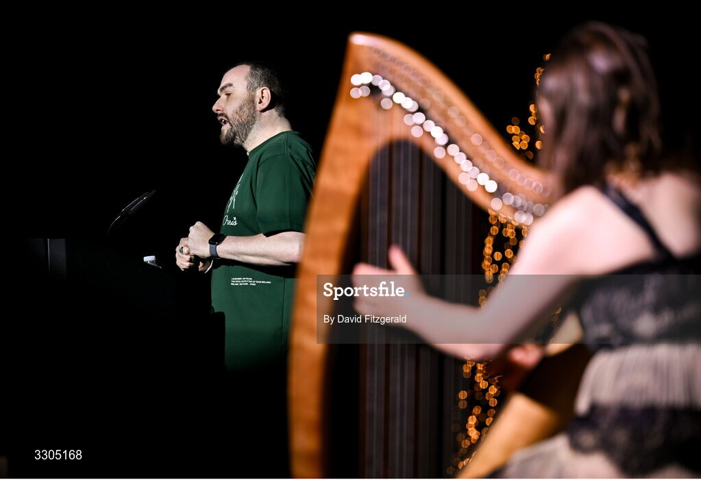 6 December 2025; Poet Stephen Jame Smith performs during the Team Ireland Olympic Sport Awards 2025 at The Royal Convention Centre in Dublin. Photo by David Fitzgerald/Sportsfile