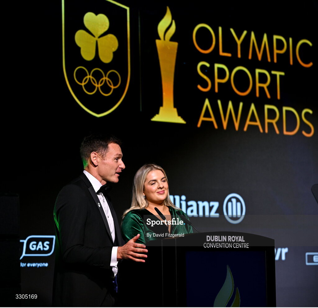 6 December 2025; MCs David Gillick and Valerie Wheeler addresses the audience during the Team Ireland Olympic Sport Awards 2025 at The Royal Convention Centre in Dublin. Photo by David Fitzgerald/Sportsfile