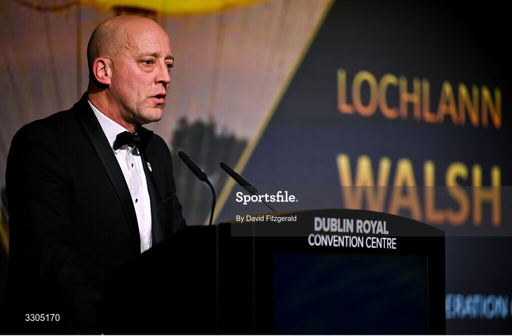 6 December 2025; Olympic Federation of Ireland President, Lochlann Walsh addresses the audience during the Team Ireland Olympic Sport Awards 2025 at The Royal Convention Centre in Dublin. Photo by David Fitzgerald/Sportsfile