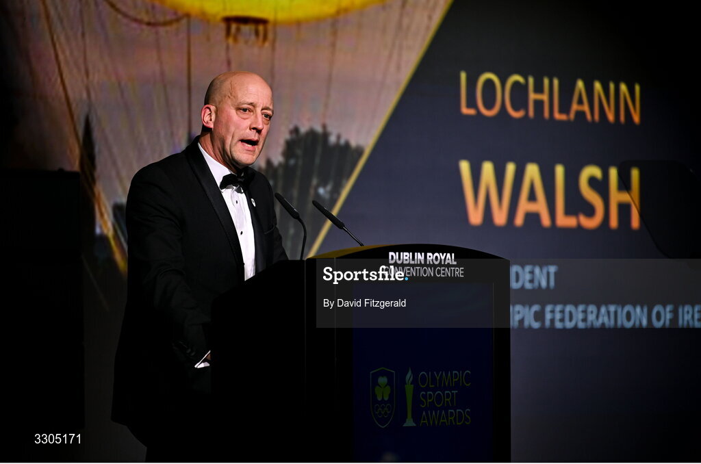 6 December 2025; Olympic Federation of Ireland President, Lochlann Walsh addresses the audience during the Team Ireland Olympic Sport Awards 2025 at The Royal Convention Centre in Dublin. Photo by David Fitzgerald/Sportsfile