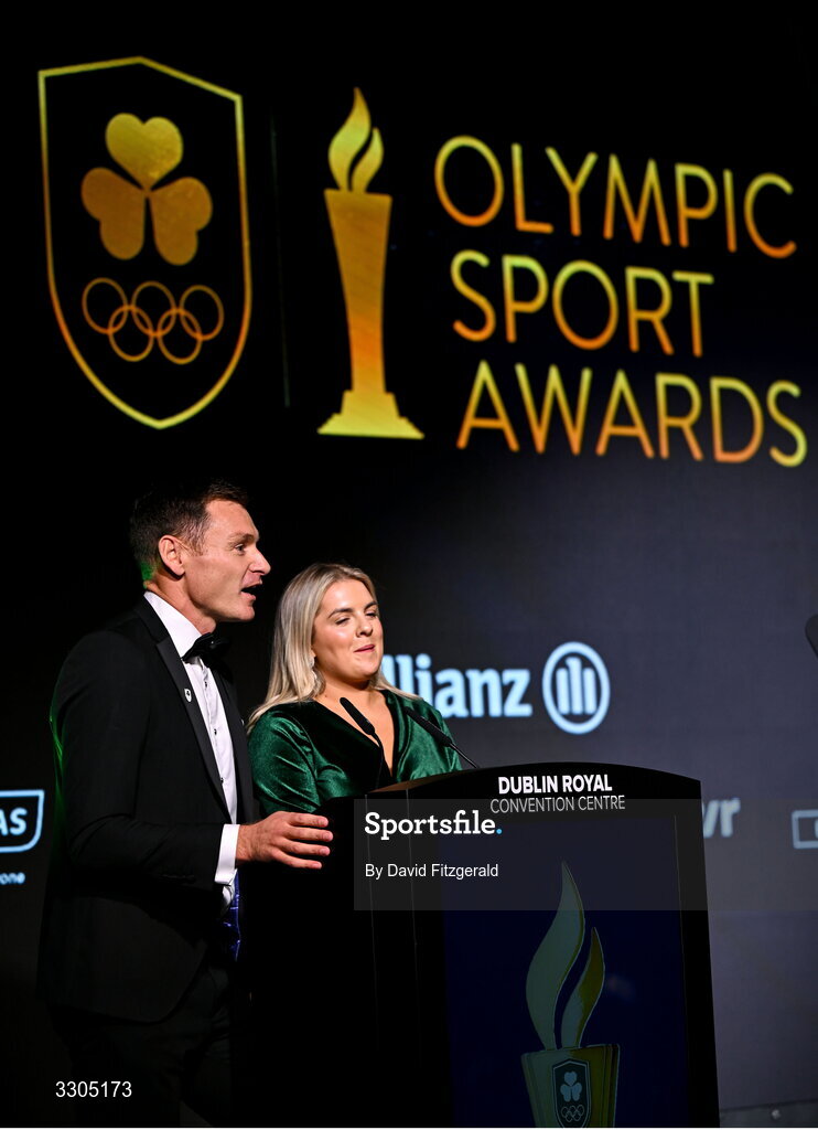 6 December 2025; MCs David Gillick and Valerie Wheeler addresses the audience during the Team Ireland Olympic Sport Awards 2025 at The Royal Convention Centre in Dublin. Photo by David Fitzgerald/Sportsfile