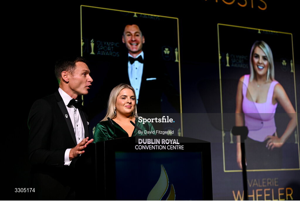 6 December 2025; MCs David Gillick and Valerie Wheeler addresses the audience during the Team Ireland Olympic Sport Awards 2025 at The Royal Convention Centre in Dublin. Photo by David Fitzgerald/Sportsfile