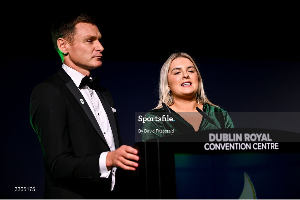 6 December 2025; MCs David Gillick and Valerie Wheeler addresses the audience during the Team Ireland Olympic Sport Awards 2025 at The Royal Convention Centre in Dublin. Photo by David Fitzgerald/Sportsfile