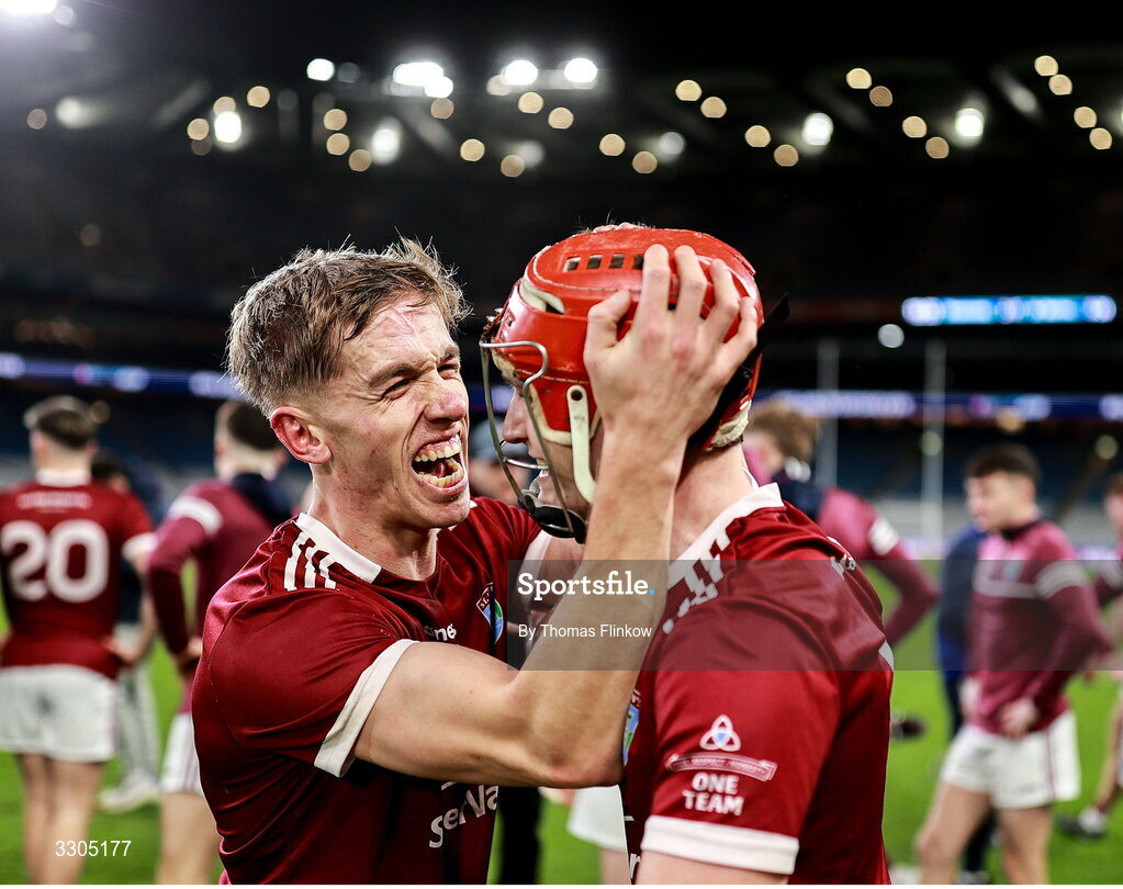 6 December 2025; St Martin's players Joe Barrett, left, and Diarmuid O Leary celebrate after their side's victory in the AIB Leinster GAA Hurling Senior Club Championship final match between St Martin's of Wexford and Shamrocks Ballyhale of Kilkenny at Croke Park in Dublin. Photo by Thomas Flinkow/Sportsfile