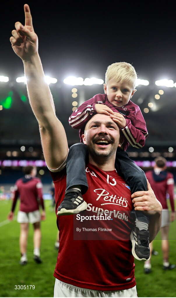6 December 2025; Michael Coleman of St Martin’s celebrates with his son Archie after his side's victory in the AIB Leinster GAA Hurling Senior Club Championship final match between St Martin's of Wexford and Shamrocks Ballyhale of Kilkenny at Croke Park in Dublin. Photo by Thomas Flinkow/Sportsfile