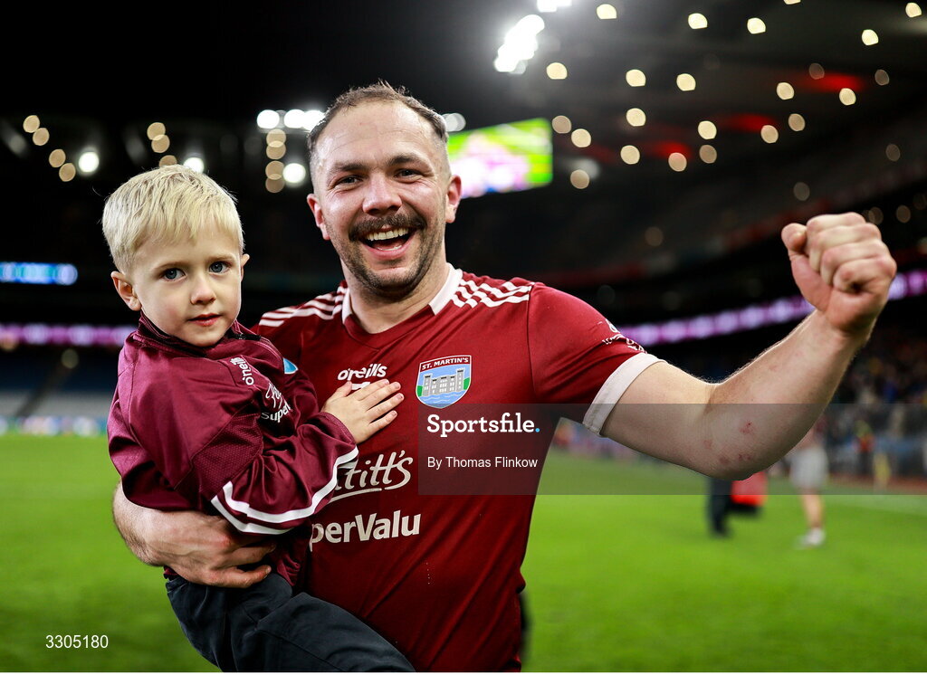 6 December 2025; Michael Coleman of St Martin’s celebrates with his son Archie after his side's victory in the AIB Leinster GAA Hurling Senior Club Championship final match between St Martin's of Wexford and Shamrocks Ballyhale of Kilkenny at Croke Park in Dublin. Photo by Thomas Flinkow/Sportsfile