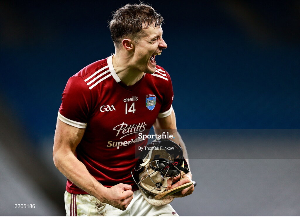 6 December 2025; Jack O’Connor of St Martin’s celebrates after his side's victory in the AIB Leinster GAA Hurling Senior Club Championship final match between St Martin's of Wexford and Shamrocks Ballyhale of Kilkenny at Croke Park in Dublin. Photo by Thomas Flinkow/Sportsfile
