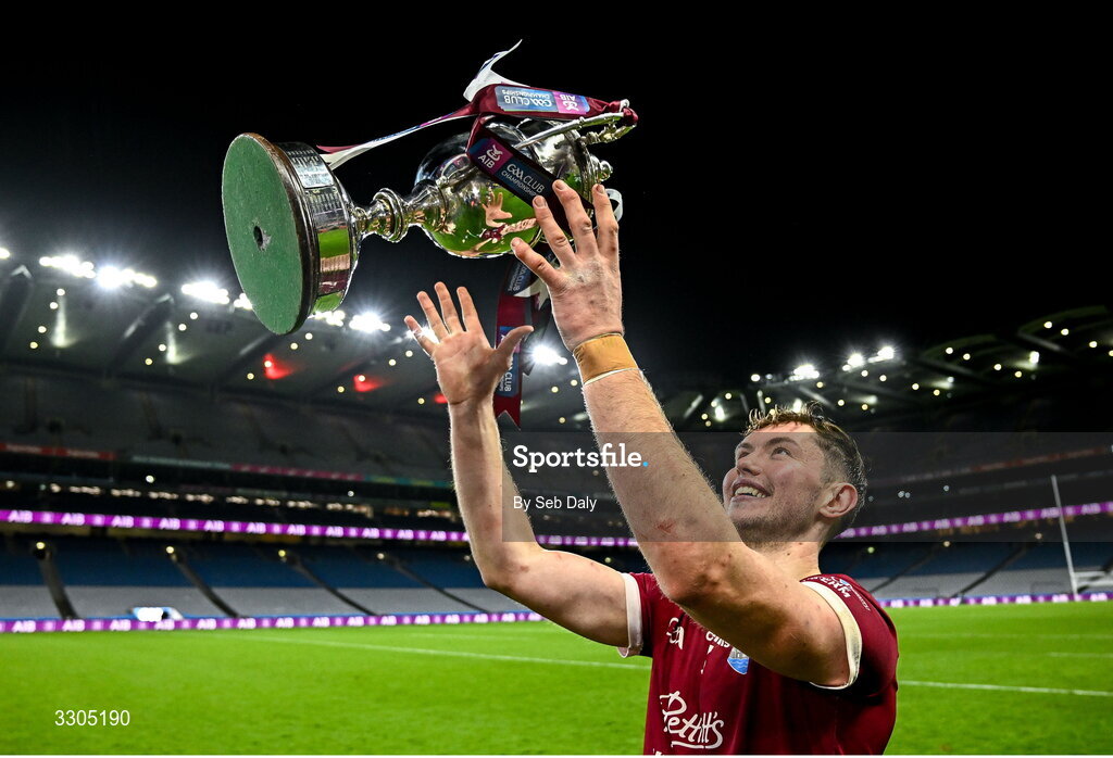 6 December 2025; St Martin's captain Conor Firman celebrates with the O'Neill Cup after his side's victory in the AIB Leinster GAA Hurling Senior Club Championship final match between St Martin's of Wexford and Shamrocks Ballyhale of Kilkenny at Croke Park in Dublin. Photo by Seb Daly/Sportsfile