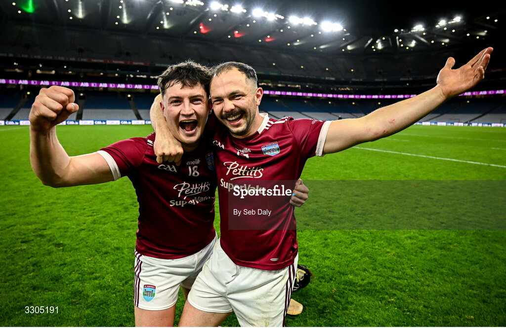 6 December 2025; St Martin's players Michael Codd, left, and Michael Coleman celebrate after their side's victory in the AIB Leinster GAA Hurling Senior Club Championship final match between St Martin's of Wexford and Shamrocks Ballyhale of Kilkenny at Croke Park in Dublin. Photo by Seb Daly/Sportsfile