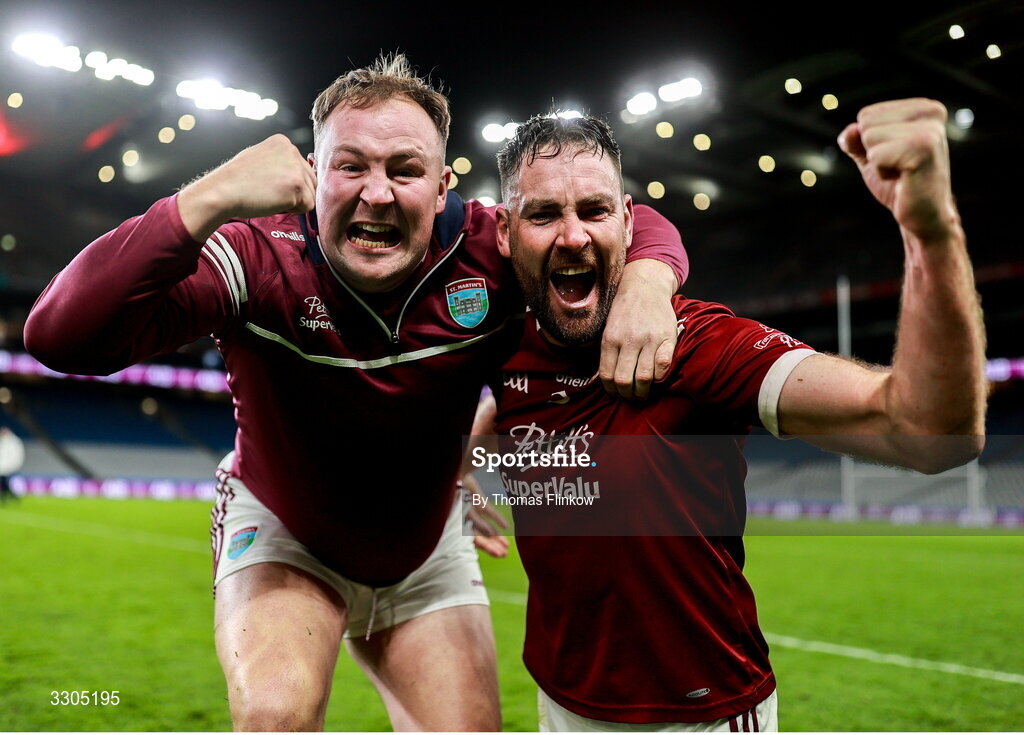 6 December 2025; St Martin's players Joe Coleman, left, and Daithí Waters celebrate after their side's victory in the AIB Leinster GAA Hurling Senior Club Championship final match between St Martin's of Wexford and Shamrocks Ballyhale of Kilkenny at Croke Park in Dublin. Photo by Thomas Flinkow/Sportsfile