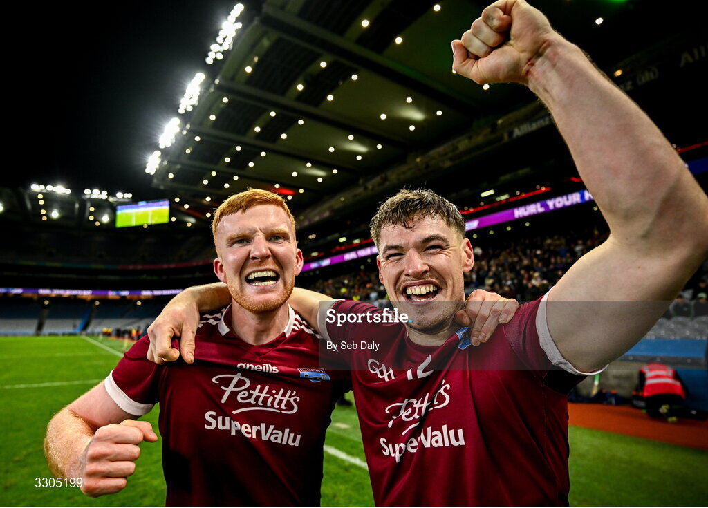 6 December 2025; St Martin's players Ben Stafford, left, and Jake Firman celebrate after their side's victory in the AIB Leinster GAA Hurling Senior Club Championship final match between St Martin's of Wexford and Shamrocks Ballyhale of Kilkenny at Croke Park in Dublin. Photo by Seb Daly/Sportsfile