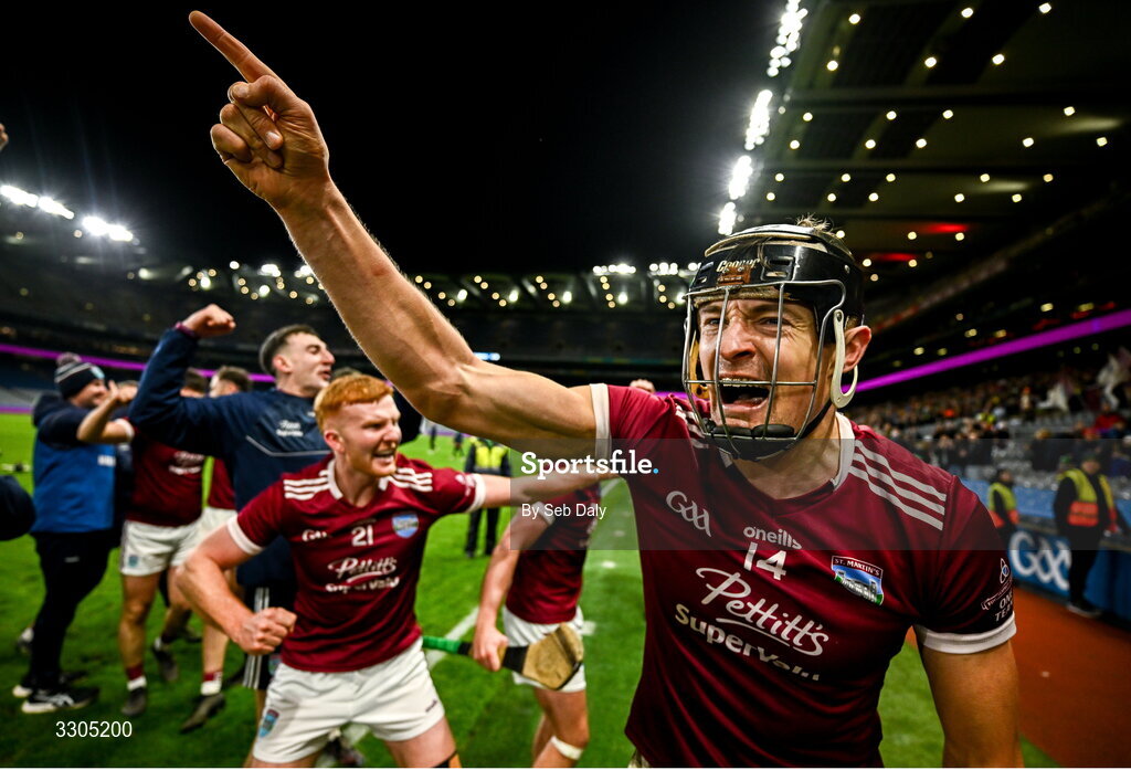 6 December 2025; Jack O’Connor of St Martin’s celebrates after his side's victory in the AIB Leinster GAA Hurling Senior Club Championship final match between St Martin's of Wexford and Shamrocks Ballyhale of Kilkenny at Croke Park in Dublin. Photo by Seb Daly/Sportsfile