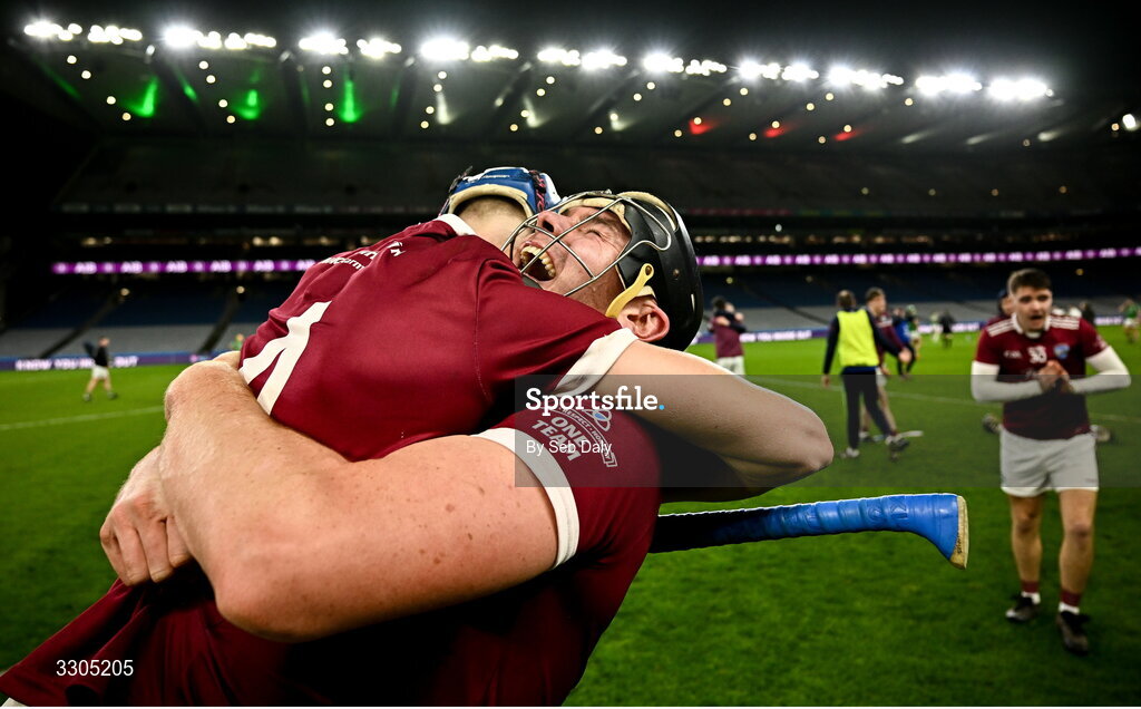 6 December 2025; St Martin's players Ben Maddock, right, and Joe Barrett celebrate after their side's victory in the AIB Leinster GAA Hurling Senior Club Championship final match between St Martin's of Wexford and Shamrocks Ballyhale of Kilkenny at Croke Park in Dublin. Photo by Seb Daly/Sportsfile