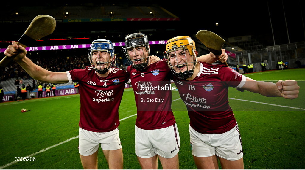 6 December 2025; St Martin's players, from left, Joe Barrett, David Codd and Michael Codd celebrate after their side's victory in the AIB Leinster GAA Hurling Senior Club Championship final match between St Martin's of Wexford and Shamrocks Ballyhale of Kilkenny at Croke Park in Dublin. Photo by Seb Daly/Sportsfile