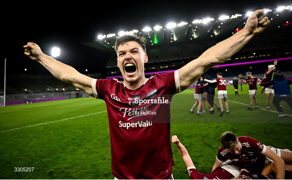 6 December 2025; Jake Firman of St Martin’s celebrates after his side's victory in the AIB Leinster GAA Hurling Senior Club Championship final match between St Martin's of Wexford and Shamrocks Ballyhale of Kilkenny at Croke Park in Dublin. Photo by Seb Daly/Sportsfile