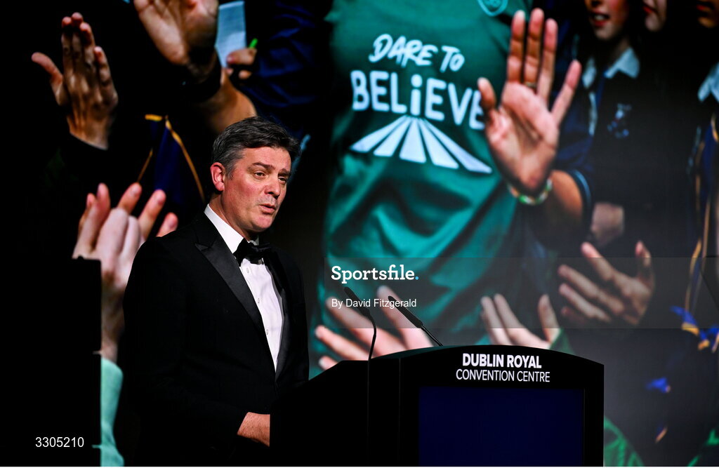 6 December 2025; CEO of Olympic Federation of Ireland, Peter Sherrard, addresses the audience during the Team Ireland Olympic Sport Awards 2025 at The Royal Convention Centre in Dublin. Photo by David Fitzgerald/Sportsfile