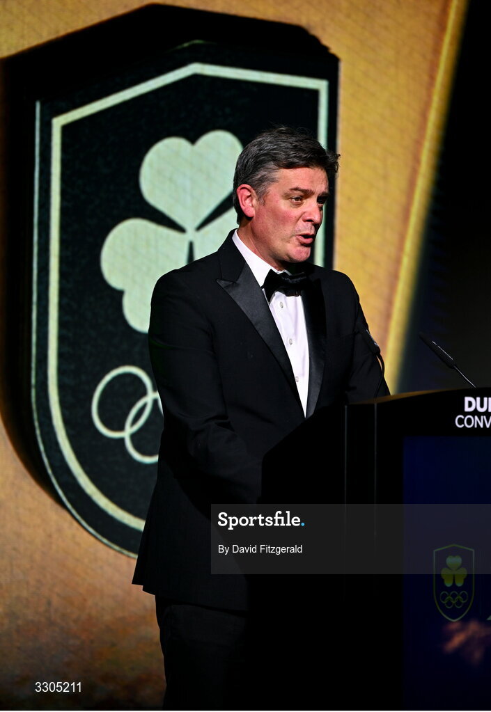 6 December 2025; CEO of Olympic Federation of Ireland, Peter Sherrard, addresses the audience during the Team Ireland Olympic Sport Awards 2025 at The Royal Convention Centre in Dublin. Photo by David Fitzgerald/Sportsfile