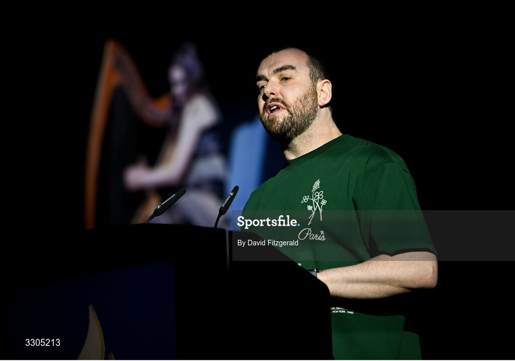6 December 2025; Poet Stephen Jame Smith performs during the Team Ireland Olympic Sport Awards 2025 at The Royal Convention Centre in Dublin. Photo by David Fitzgerald/Sportsfile