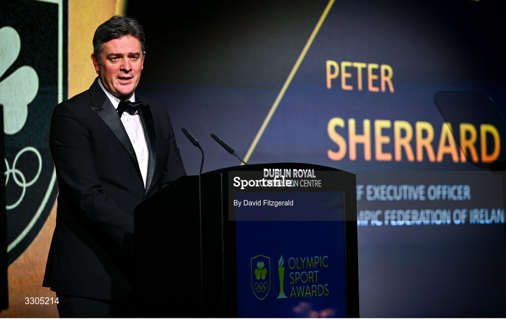 6 December 2025; CEO of Olympic Federation of Ireland, Peter Sherrard, addresses the audience during the Team Ireland Olympic Sport Awards 2025 at The Royal Convention Centre in Dublin. Photo by David Fitzgerald/Sportsfile
