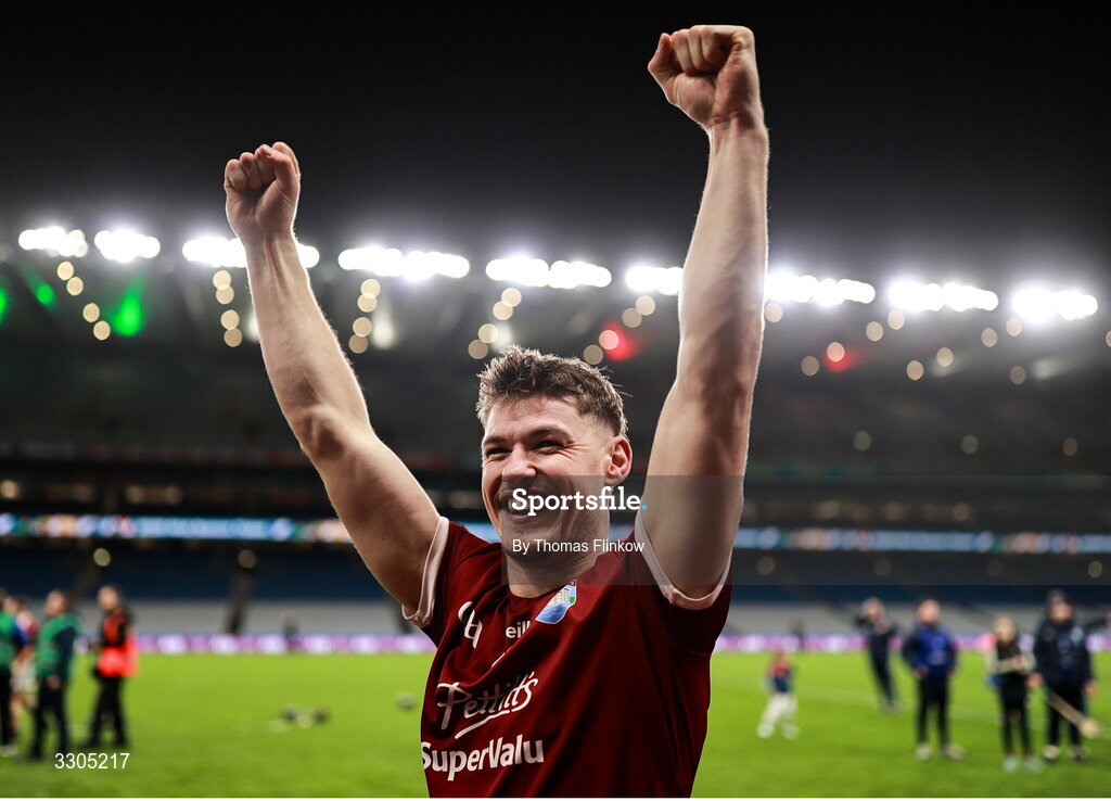 6 December 2025; Jake Firman of St Martin’s celebrates after his side's victory in the AIB Leinster GAA Hurling Senior Club Championship final match between St Martin's of Wexford and Shamrocks Ballyhale of Kilkenny at Croke Park in Dublin. Photo by Thomas Flinkow/Sportsfile