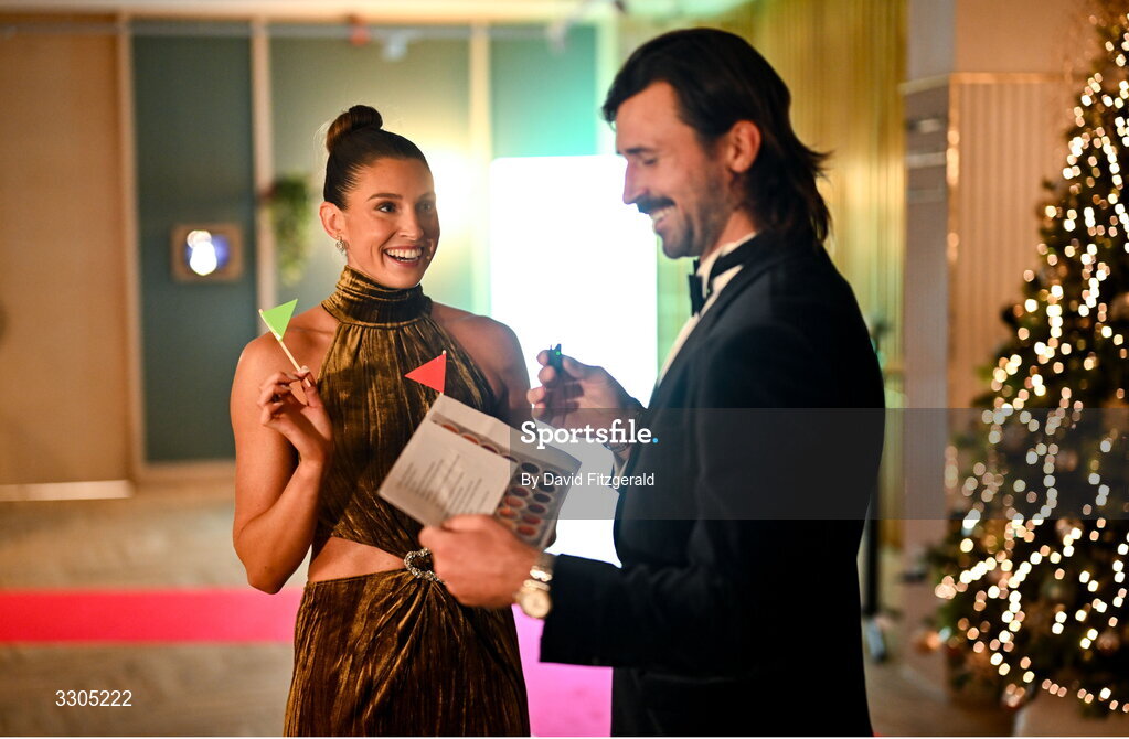 6 December 2025; /World Silver Medallist in Heptathlon and nominee for Female Athlete of the Year, sponsored by Allianz, and Olympic Sporting Moment of the Year, sponsored by Fiat, Kate O'Connor and Olympian and Athletes Commission member Harry McNulty during the Team Ireland Olympic Sport Awards 2025 at The Royal Convention Centre in Dublin. Photo by David Fitzgerald/Sportsfile