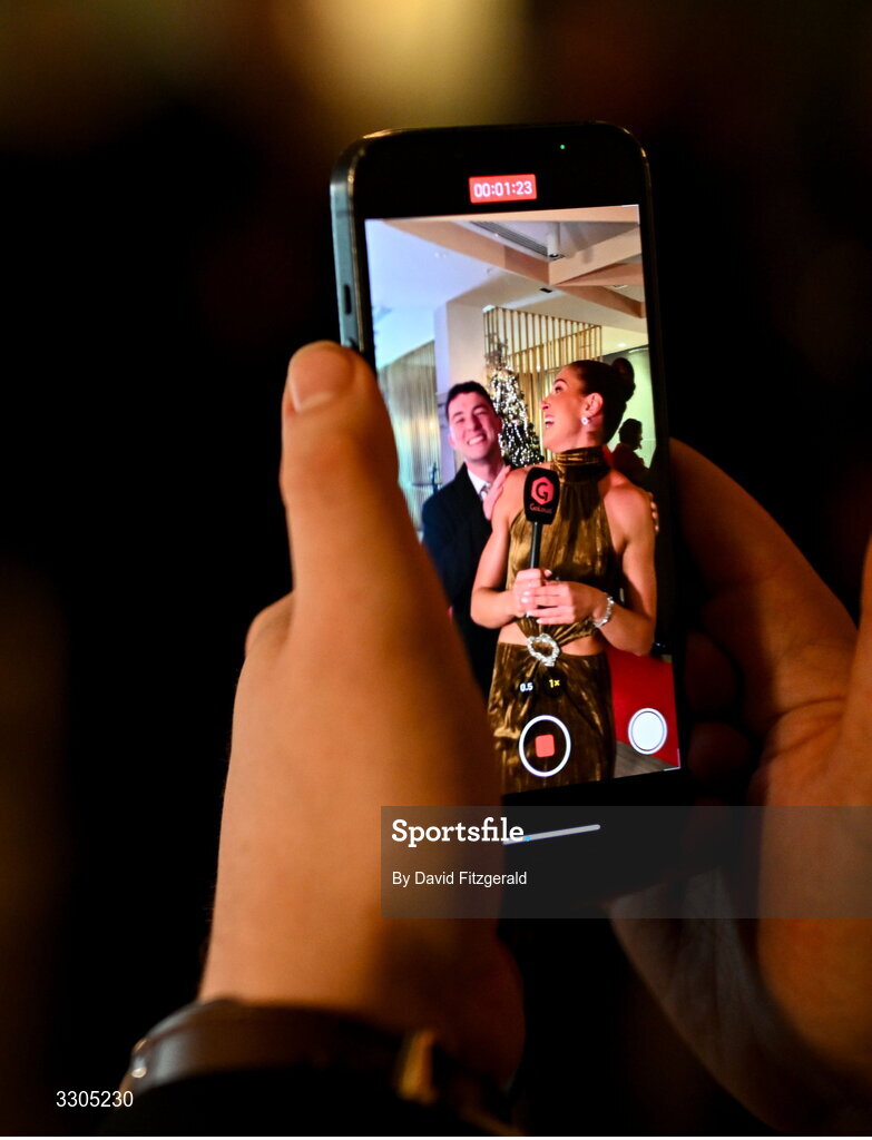 6 December 2025; World Silver Medallist in Heptathlon and nominee for Female Athlete of the Year, sponsored by Allianz, and Olympic Sporting Moment of the Year, sponsored by Fiat, Kate O'Connor and Olympic Champion in Gymnastics and nominee for Creator of the Year, sponsored by McKeever Sports and Community Impact Award, sponsored by SPAR/EUROSPAR , Rhys McClenaghan, share a joke during the Team Ireland Olympic Sport Awards 2025 at The Royal Convention Centre in Dublin. Photo by David Fitzgerald/Sportsfile