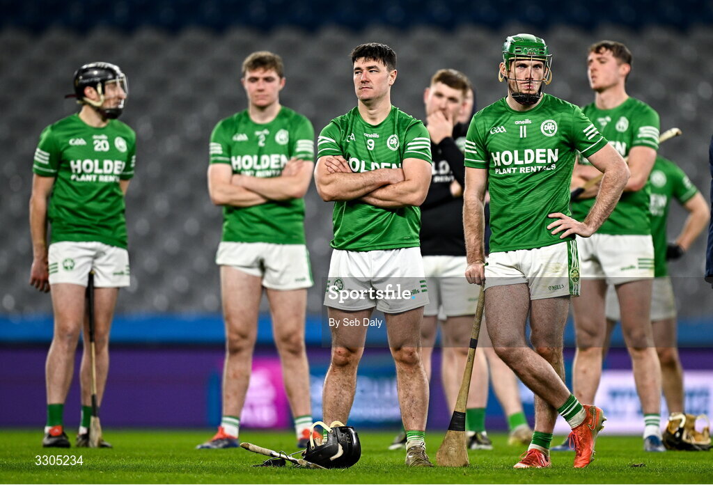 6 December 2025; Shamrocks Ballyhale's Ronan Corcoran, left, and Eoin Cody after their side's defeat in the AIB Leinster GAA Hurling Senior Club Championship final match between St Martin's of Wexford and Shamrocks Ballyhale of Kilkenny at Croke Park in Dublin. Photo by Seb Daly/Sportsfile
