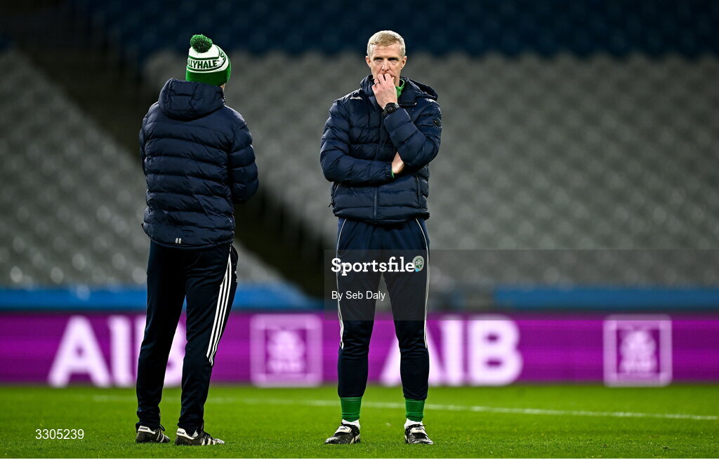 6 December 2025; Shamrocks Ballyhale manager Henry Shefflin, right, and selector David Herity after their side's defeat in the AIB Leinster GAA Hurling Senior Club Championship final match between St Martin's of Wexford and Shamrocks Ballyhale of Kilkenny at Croke Park in Dublin. Photo by Seb Daly/Sportsfile