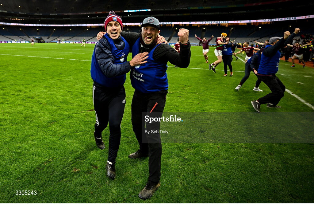 6 December 2025; St Martin's manager Daithí Hayes, left, and selector Eamon Murphy celebrate after their side's victory in the AIB Leinster GAA Hurling Senior Club Championship final match between St Martin's of Wexford and Shamrocks Ballyhale of Kilkenny at Croke Park in Dublin. Photo by Seb Daly/Sportsfile