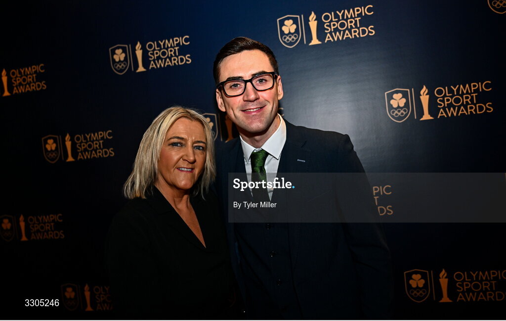 6 December 2025; Olympian Aidan Walsh and his mother Martine during the Team Ireland Olympic Sport Awards 2025 at The Royal Convention Centre in Dublin. Photo by Tyler Miller/Sportsfile