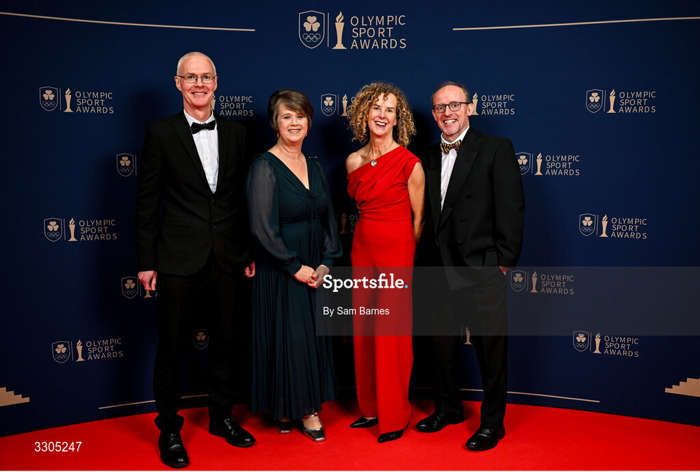 6 December 2025;  Inbhear Dee Athletics Club representatives and nominees for Community Impact Award, sponsored by SPAR/EUROSPAR, from left Paul Kelly, Anne-Marie Kelly, Eithne Walsh and Jimmy Flynn during the Team Ireland Olympic Sport Awards 2025 at The Royal Convention Centre in Dublin. Photo by Sam Barnes/Sportsfile