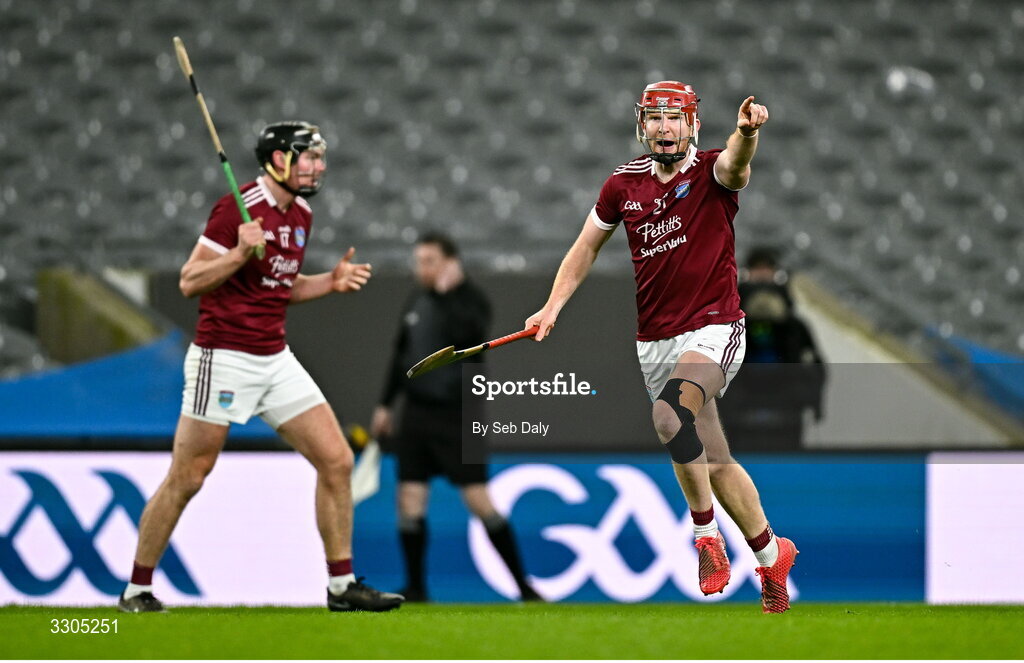 6 December 2025; Ben Stafford of St Martin’s, right, after scoring his side's winning point the AIB Leinster GAA Hurling Senior Club Championship final match between St Martin's of Wexford and Shamrocks Ballyhale of Kilkenny at Croke Park in Dublin. Photo by Seb Daly/Sportsfile