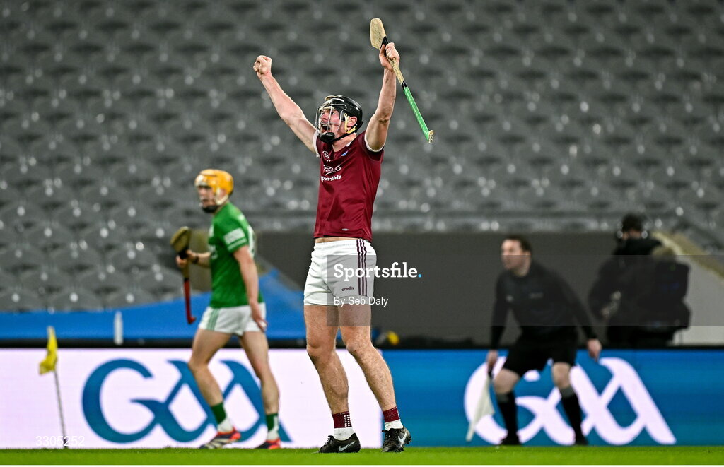 6 December 2025; Ben Maddock of St Martin’s celebrates his side's winning point, scored by teammate Ben Stafford, not pictured, during the AIB Leinster GAA Hurling Senior Club Championship final match between St Martin's of Wexford and Shamrocks Ballyhale of Kilkenny at Croke Park in Dublin. Photo by Seb Daly/Sportsfile
