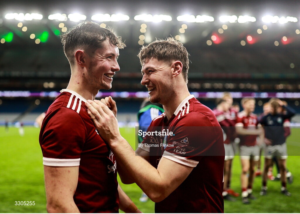 6 December 2025; St Martin's players Conor Firman, left, and Jake Firman celebrate after the AIB Leinster GAA Hurling Senior Club Championship final match between St Martin's of Wexford and Shamrocks Ballyhale of Kilkenny at Croke Park in Dublin. Photo by Thomas Flinkow/Sportsfile