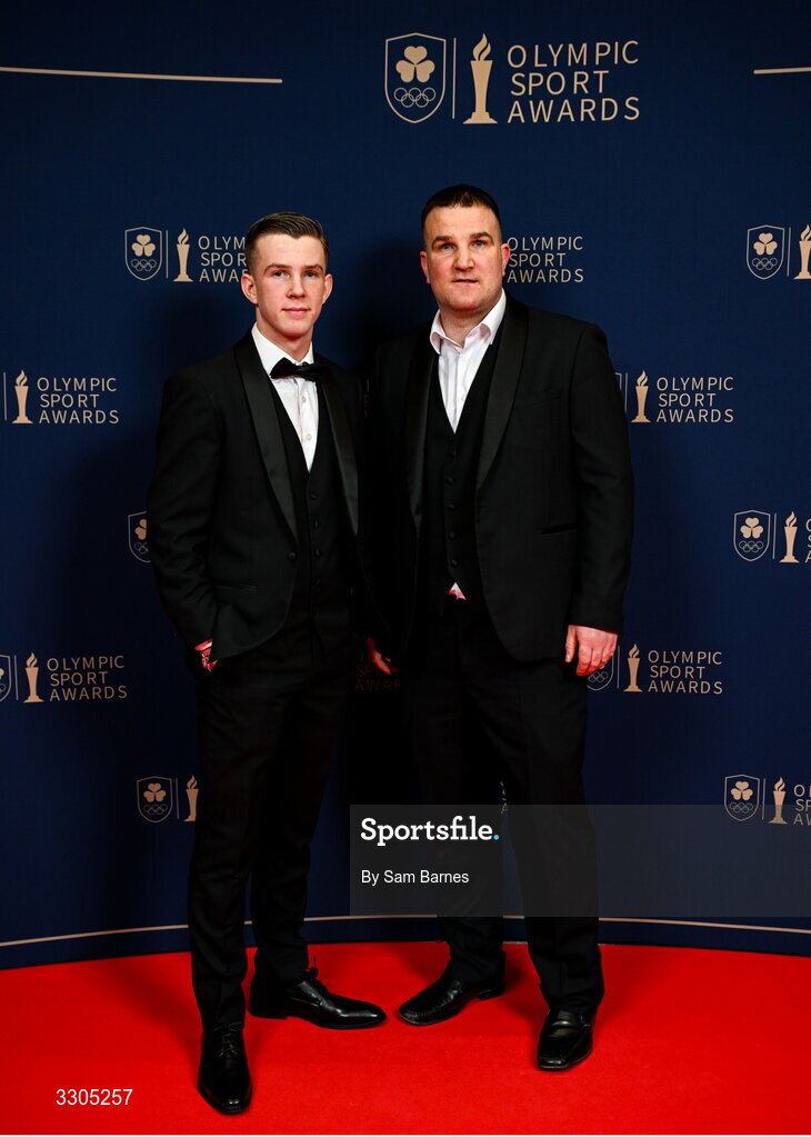 6 December 2025; World Bronze Medallist in Boxing and nominee for Rising Star, sponsored by Sport Ireland, Patsy Joyce, left, and Olympian John Joe Joyce  during the Team Ireland Olympic Sport Awards 2025 at The Royal Convention Centre in Dublin. Photo by Sam Barnes/Sportsfile